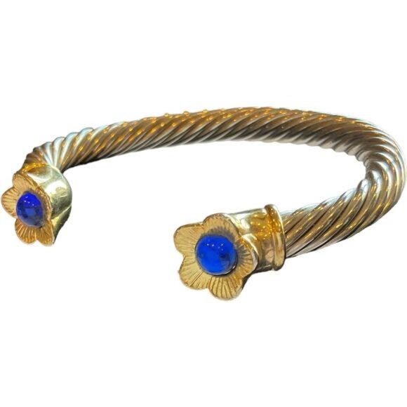 Vintage Gold & Silver Tone Twisted Cuff Bracelet With Blue Stone Flower Ends - Picture 2 of 6